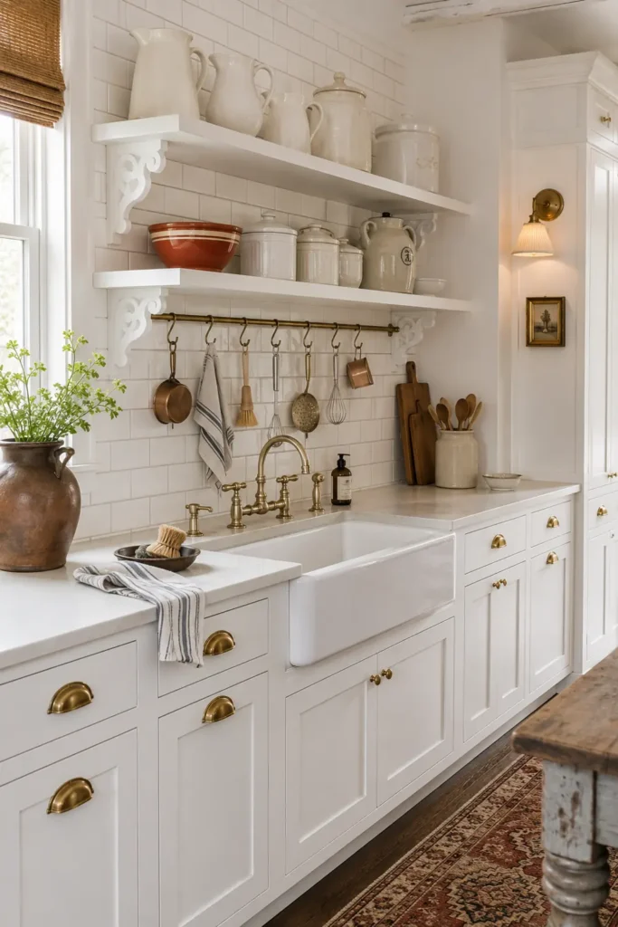 14 Open Kitchen Shelving Ideas for Practical, Stylish Storage 6 White farmhouse kitchen shelves supported by carved brackets above an apron-front sink with brass fixtures.