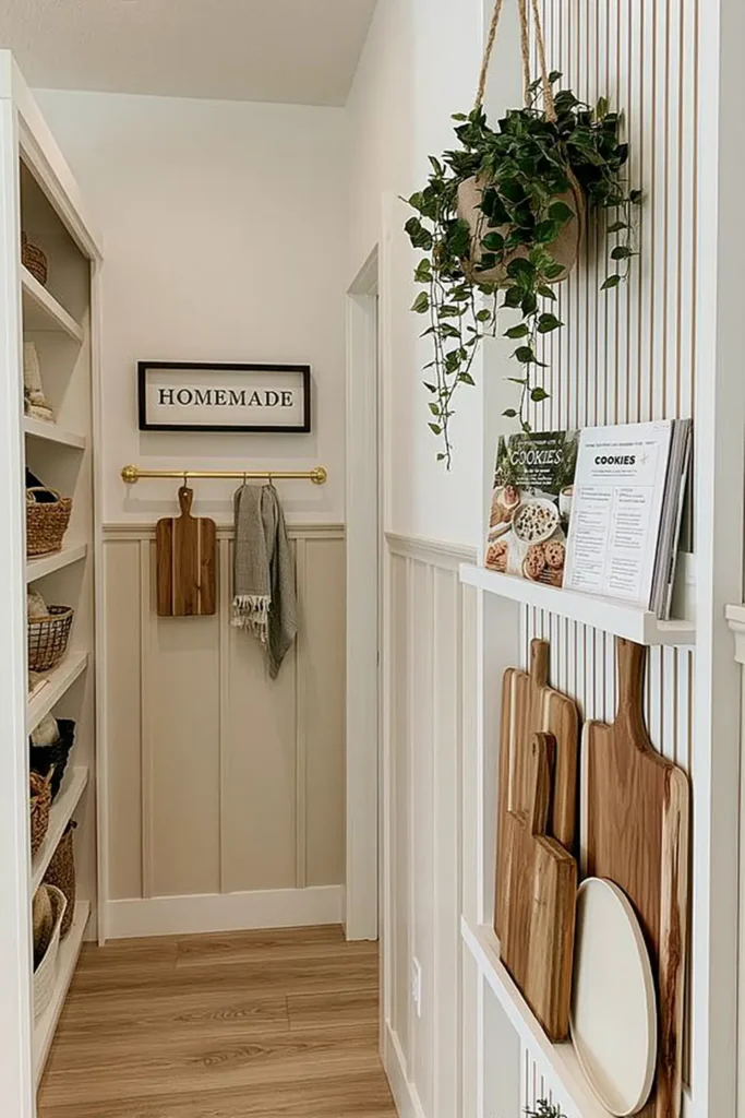 14 Open Kitchen Shelving Ideas for Practical, Stylish Storage 12 White pantry rail storage with upright wooden trays, cutting boards, cookbooks, and a hanging vine.