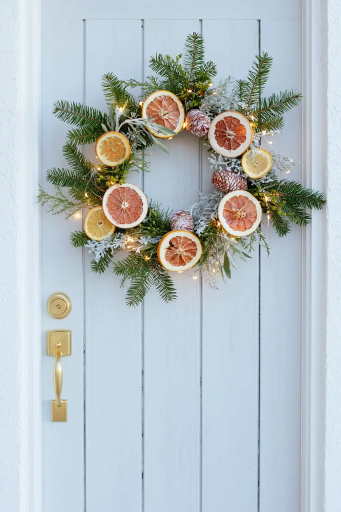 Orange slice front door wreath with evergreen greenery and warm holiday lights.