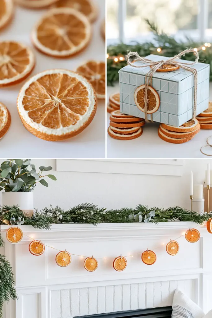 Dried orange slices and orange garland styling shown with warm natural holiday decor details.
