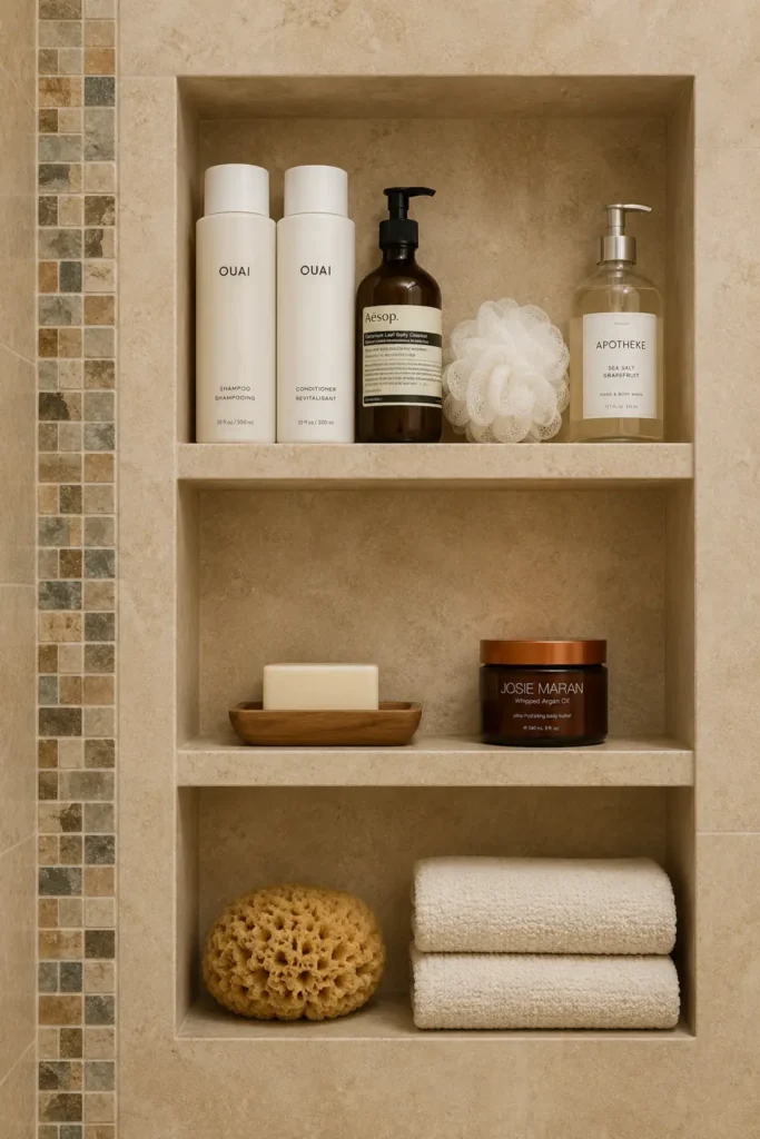 11 Spa-Inspired Bathroom Ideas on a Budget for a Calm, Restful Space 7 Beige stone shower niche organized with stylish toiletry bottles, an amber jar, bath pouf, sponge, and cream towels.