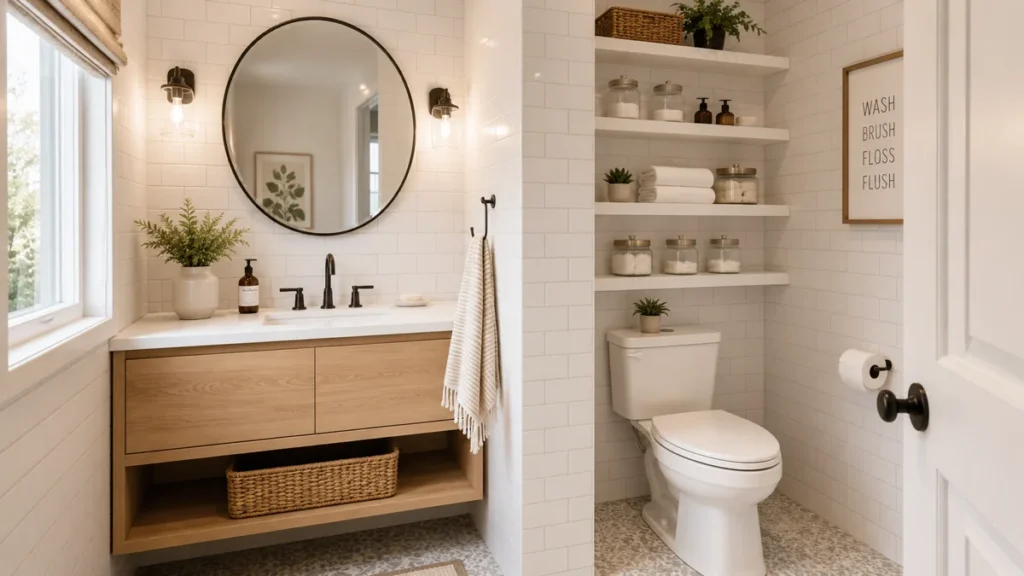 18 Small Bathroom Storage Ideas for a More Organized Space 20 Small Bathroom Storage Ideas
Bright organized small bathroom with open shelves, baskets, folded towels, and a floating vanity.