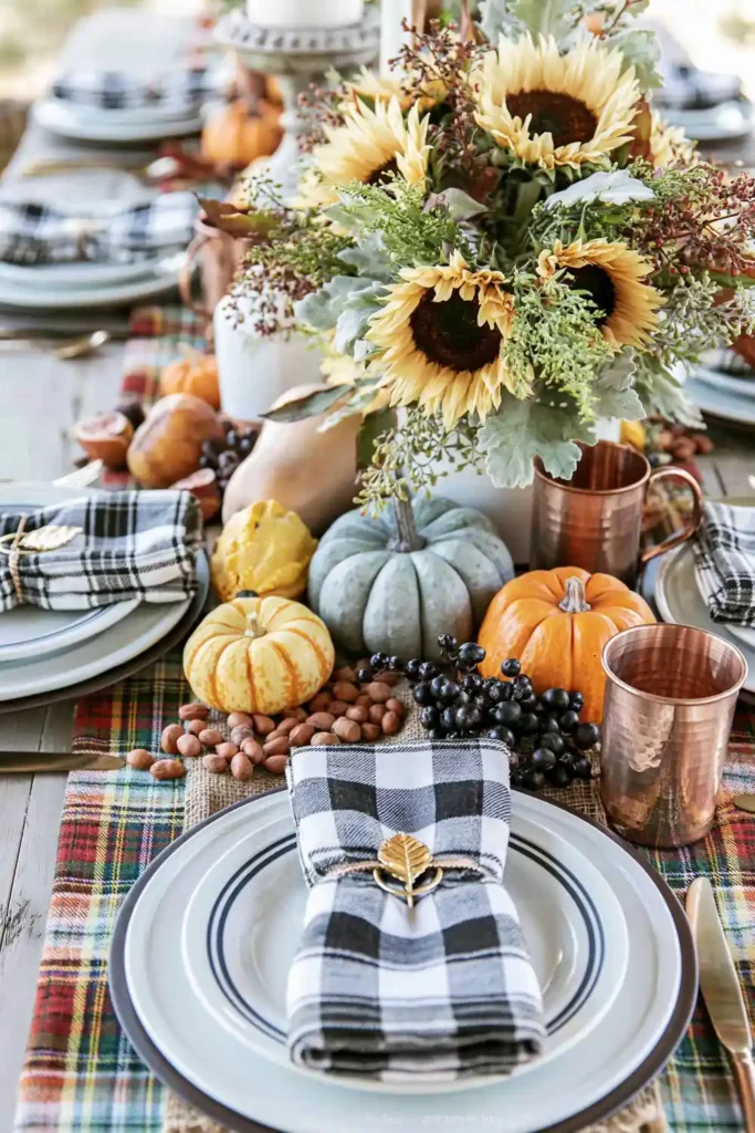 31 Fall Table Decor Ideas for Entertaining in a Warm, Seasonal Style 4 Overhead outdoor harvest tablescape with plaid fabric, burlap, copper mugs, sunflowers, gourds, and checked napkins.
