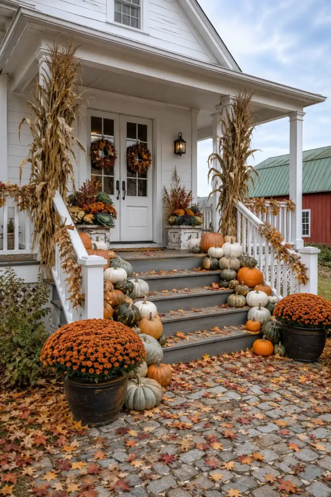 Farmhouse porch steps covered with cascading colorful pumpkins, orange mums, dried corn stalks, and autumn leaves.