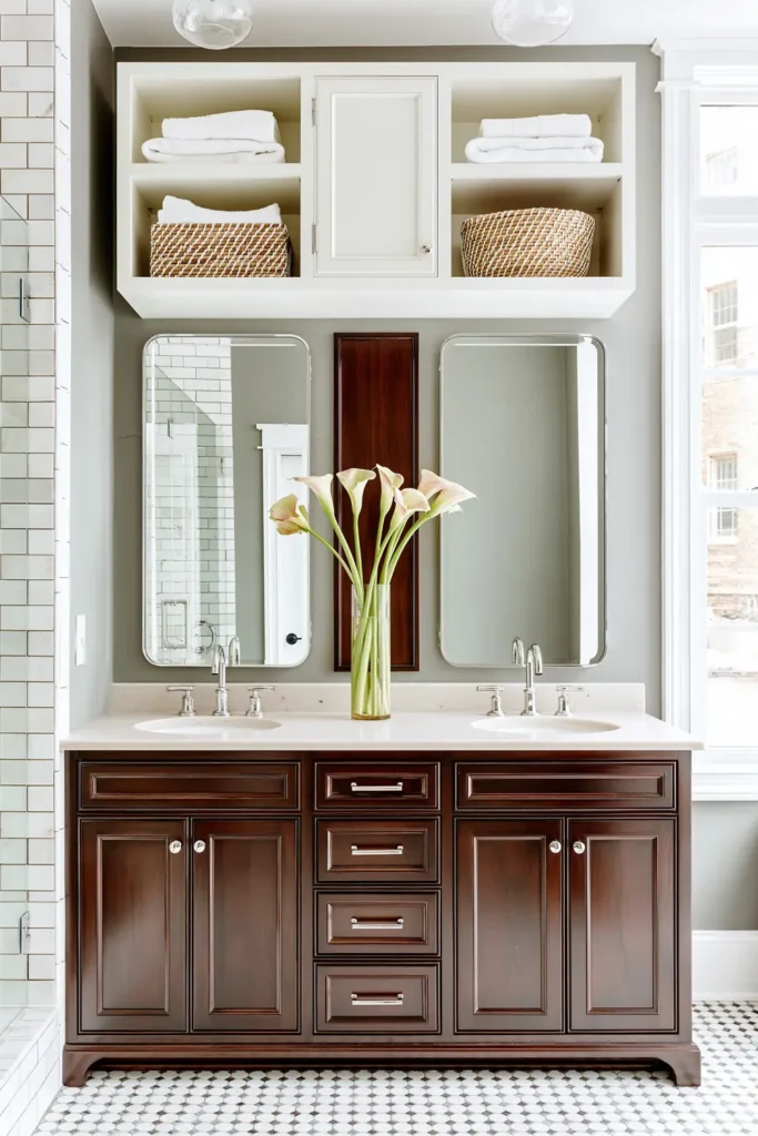 18 Small Bathroom Storage Ideas for a More Organized Space 18 Dark wood vanity with overhead cubbies, folded towels, and a woven basket between two bathroom mirrors.