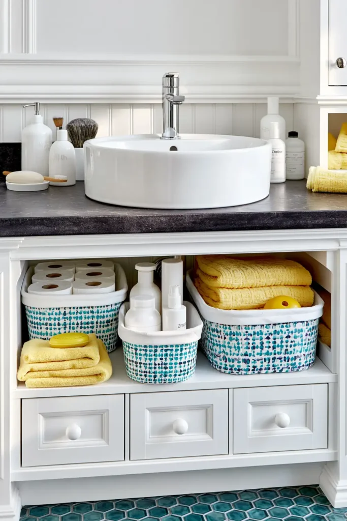 18 Small Bathroom Storage Ideas for a More Organized Space 8 Turquoise patterned storage bins and yellow towels arranged in open cubbies beneath a small bathroom sink.