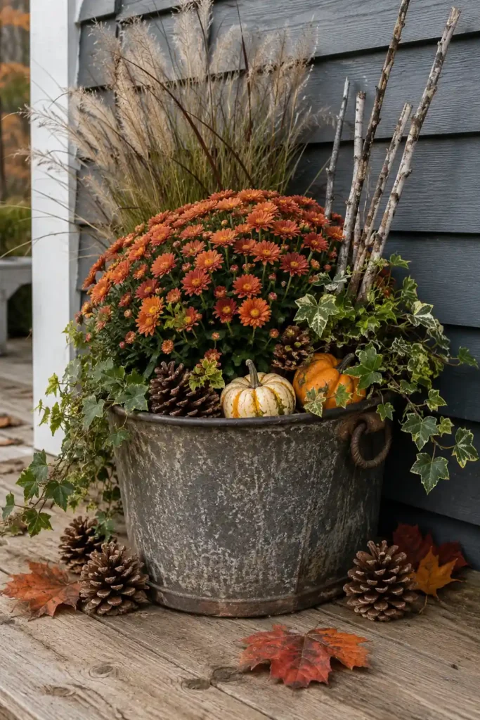Rustic Fall Planters for the Front Porch That Bring Warm Autumn Charm 40 Outdoor rustic fall planter with pinecones, pumpkins, orange mums, ornamental grasses, ivy, and twigs.