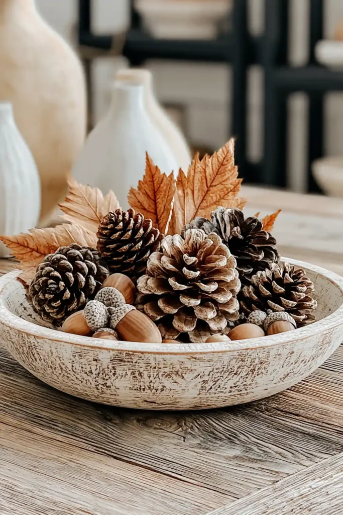 18 Neutral Fall Decor Ideas for a Warm and Cozy Home 7 Shallow beige bowl filled with pinecones, acorns, and dried orange-brown leaves on a rustic wooden table.