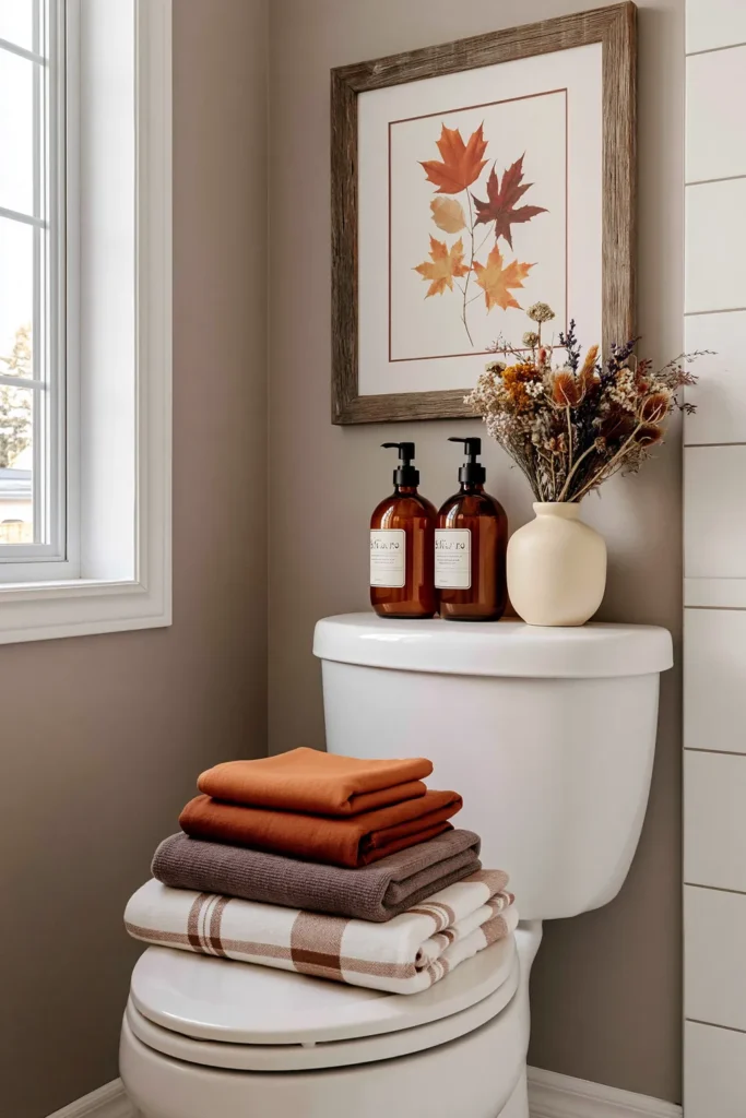 18 Cozy Fall Bathroom Decor Ideas for a Warm Seasonal Refresh 4 Cozy fall bathroom corner with plaid towels, amber soap bottles, dried flowers, and framed autumn leaves above a white toilet.
