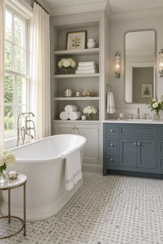 11 Spa-Inspired Bathroom Ideas on a Budget for a Calm, Restful Space 4 Spa-like bathroom with plush white towels stacked on gray shelves beside a freestanding tub and blue-gray vanity.