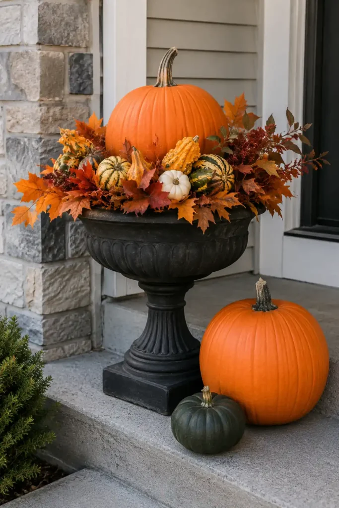 Rustic Fall Planters for the Front Porch That Bring Warm Autumn Charm 10 Pumpkin-filled porch planter with orange fall leaves, small gourds, and pumpkins on concrete steps.