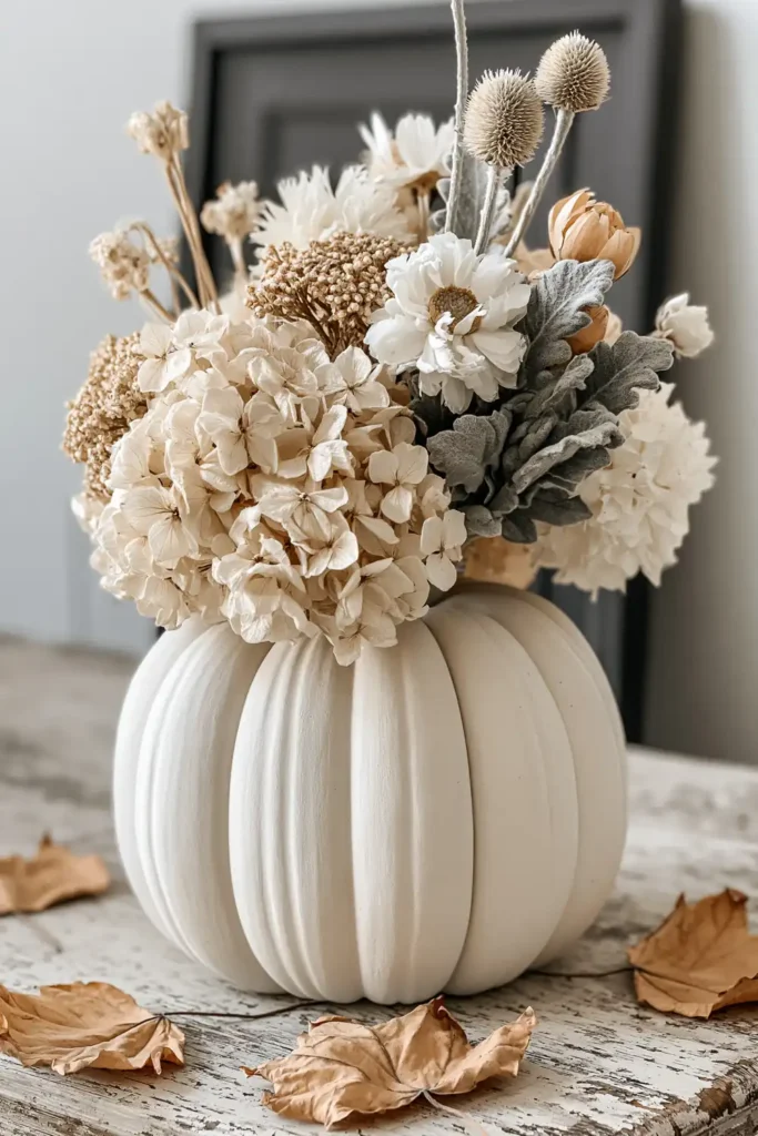 18 Neutral Fall Decor Ideas for a Warm and Cozy Home 18 White ribbed pumpkin-shaped vase filled with pale hydrangea-like flowers, muted seed heads, and gray-green stems.