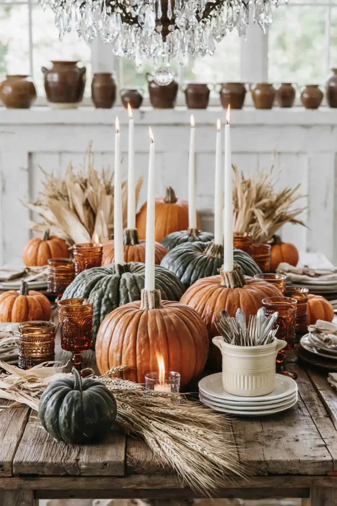 31 Fall Table Decor Ideas for Entertaining in a Warm, Seasonal Style 32 Rustic fall table with green and orange pumpkins used as holders for burning white taper candles.