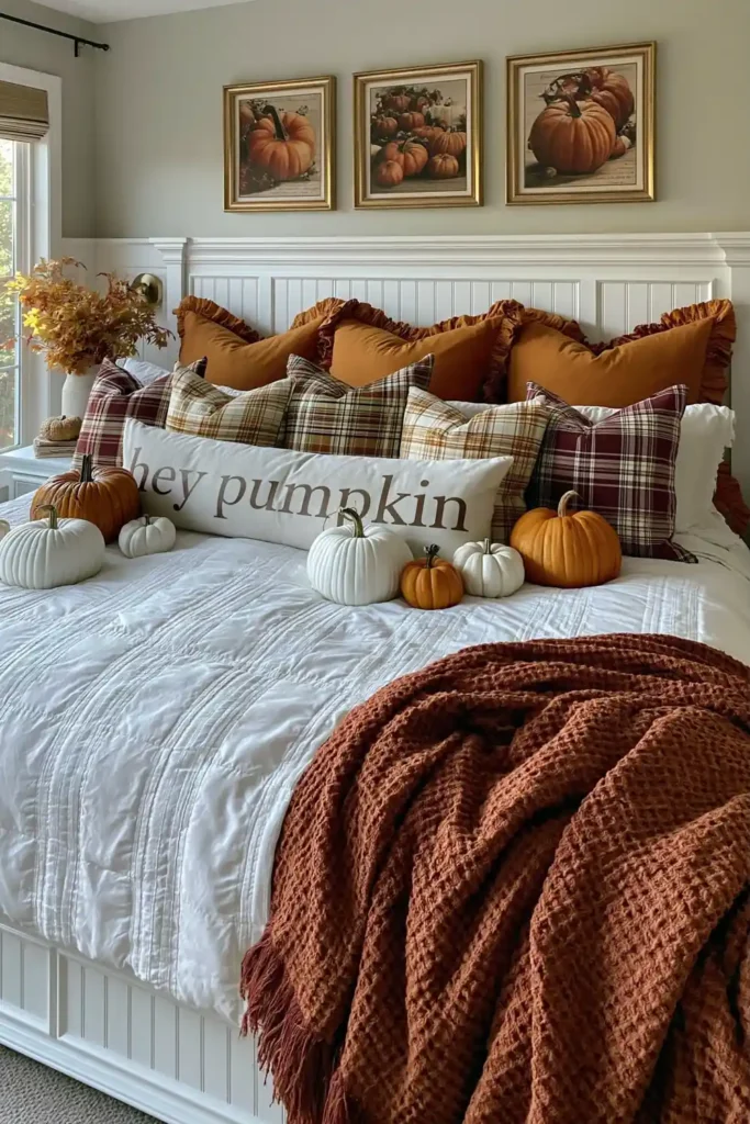 Autumn bedroom with pumpkin-themed pillows, framed pumpkin prints, small pumpkins, and a rust-orange blanket