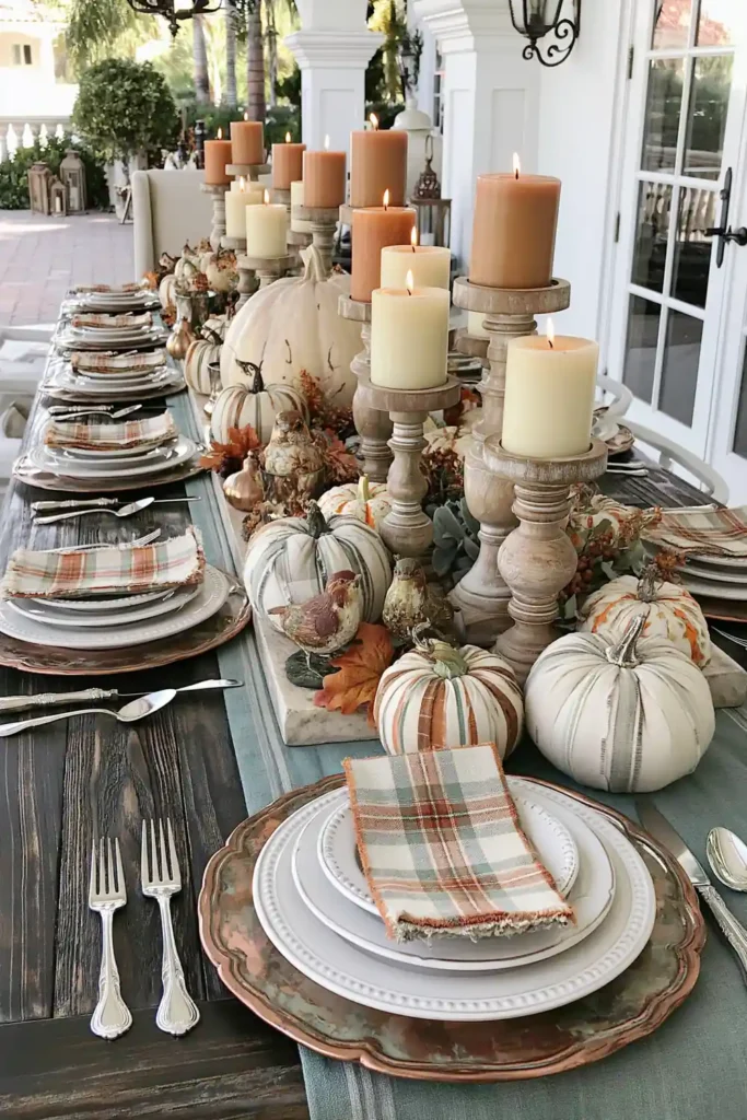 31 Fall Table Decor Ideas for Entertaining in a Warm, Seasonal Style 3 Long fall dining table with orange and cream candles, fabric pumpkins, plaid napkins, copper chargers, and a teal runner.