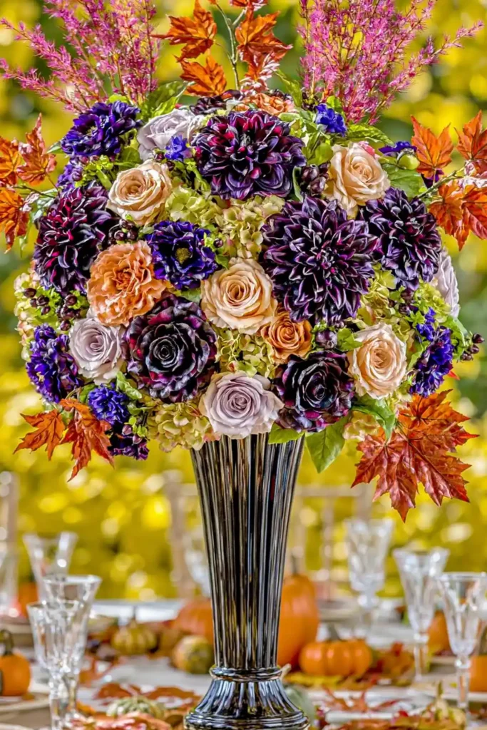 Bold Purple Fall Centerpiece Ideas for a Rich Seasonal Table 4 Purple and dark pink fall floral centerpiece in a tall black vase with magenta, coral, peach, lavender, and burgundy flowers above a white table with pumpkins and glassware.