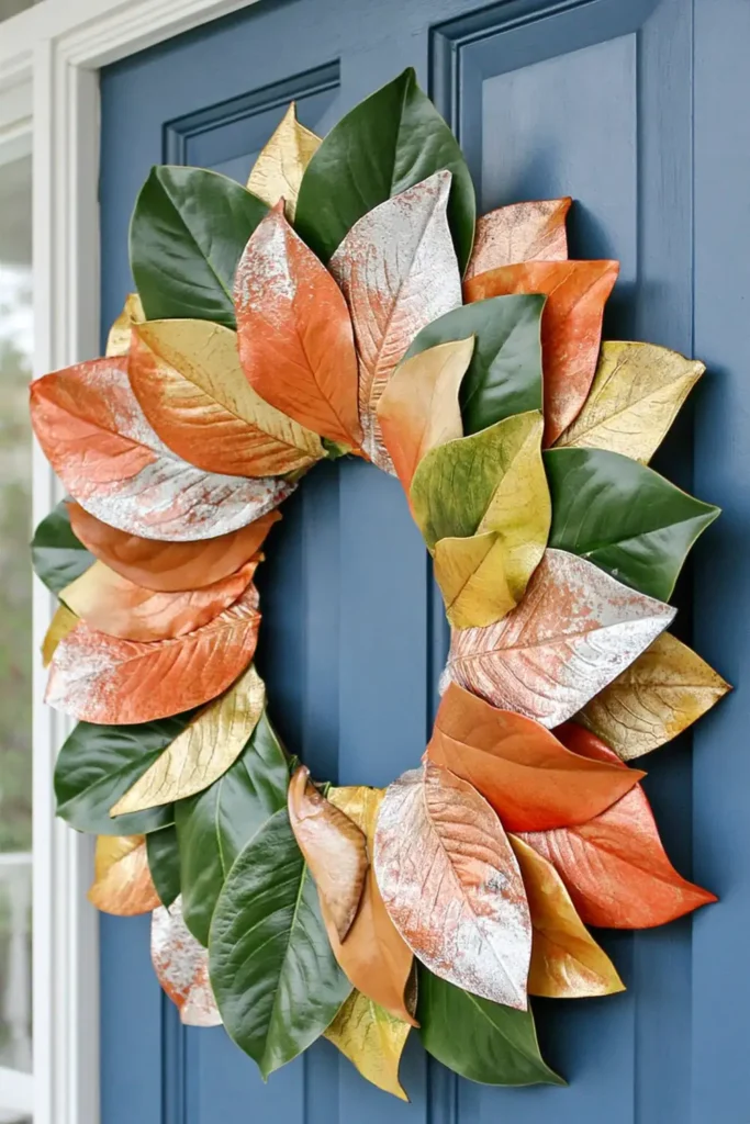 Ribbon and twine fall garland with colorful faux autumn leaves hanging in yellow, orange, red, and green.