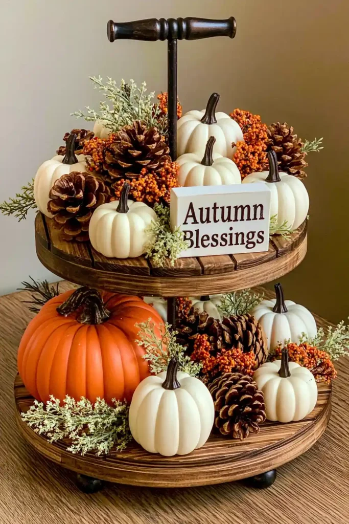 Rustic autumn accent tray with white pumpkins, pinecones, greenery sprigs, and an Autumn Blessings sign