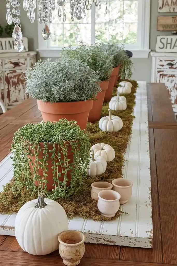31 Fall Table Decor Ideas for Entertaining in a Warm, Seasonal Style 26 Rustic beadboard centerpiece with terra-cotta pots, gray-green plants, white pumpkins, craft moss, and pale ceramic pots.