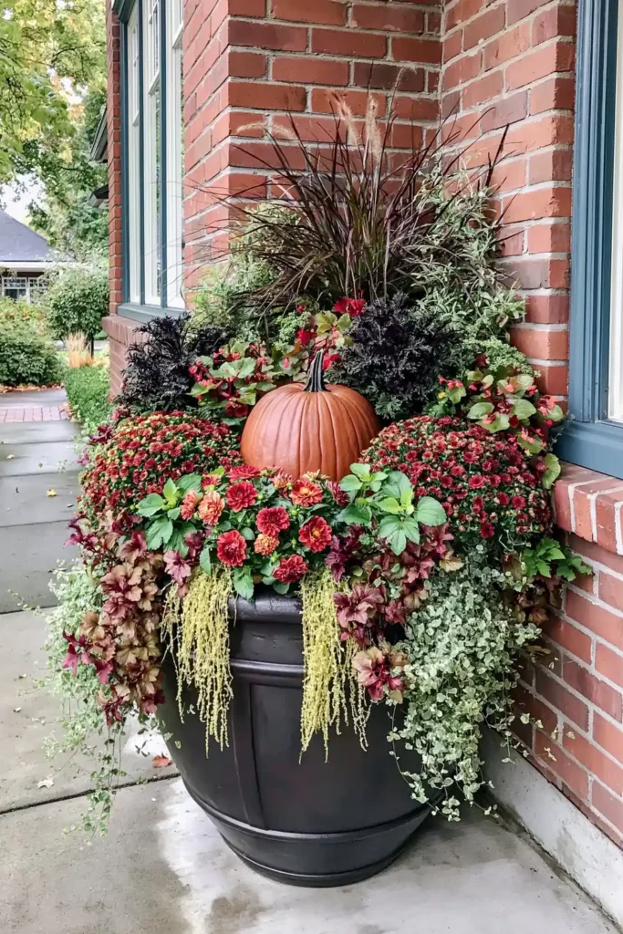 Rustic Fall Planters for the Front Porch That Bring Warm Autumn Charm 11 Rustic fall container planter with a large pumpkin, red-orange flowers, yellow trailing stems, and dark spiky foliage.