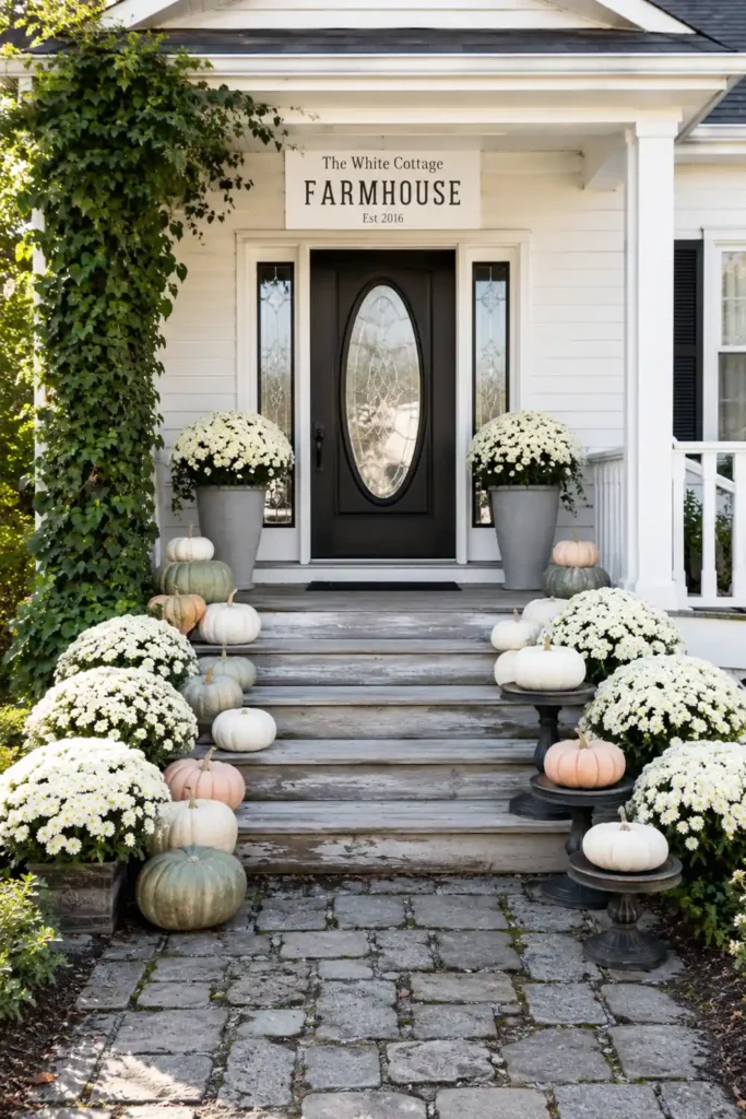 Rustic cottage farmhouse porch with white mums, pale pumpkins, gray planters, pedestal stands, and green ivy.