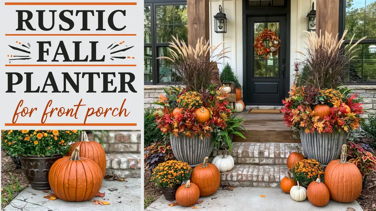 Rustic Fall Planters for the Front Porch That Bring Warm Autumn Charm 1 Rustic fall planter front porch hero graphic with pumpkins, autumn foliage, and warm seasonal colors.