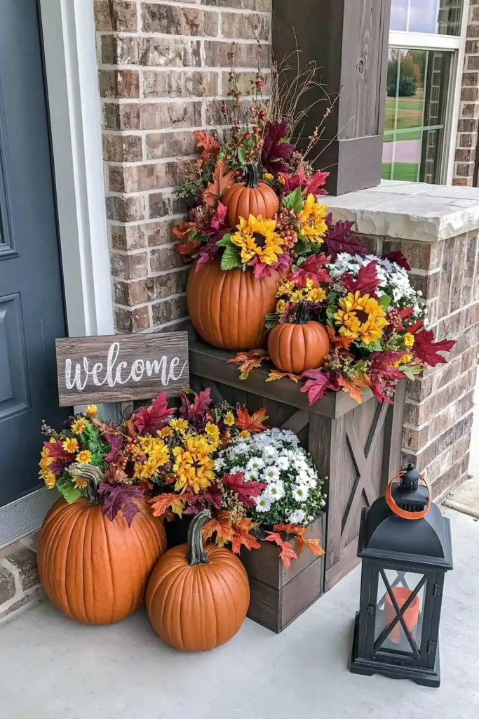 Rustic Fall Planters for the Front Porch That Bring Warm Autumn Charm 6 Rustic fall front porch display with pumpkins, flowers, fall leaves, a welcome sign, and a black lantern.