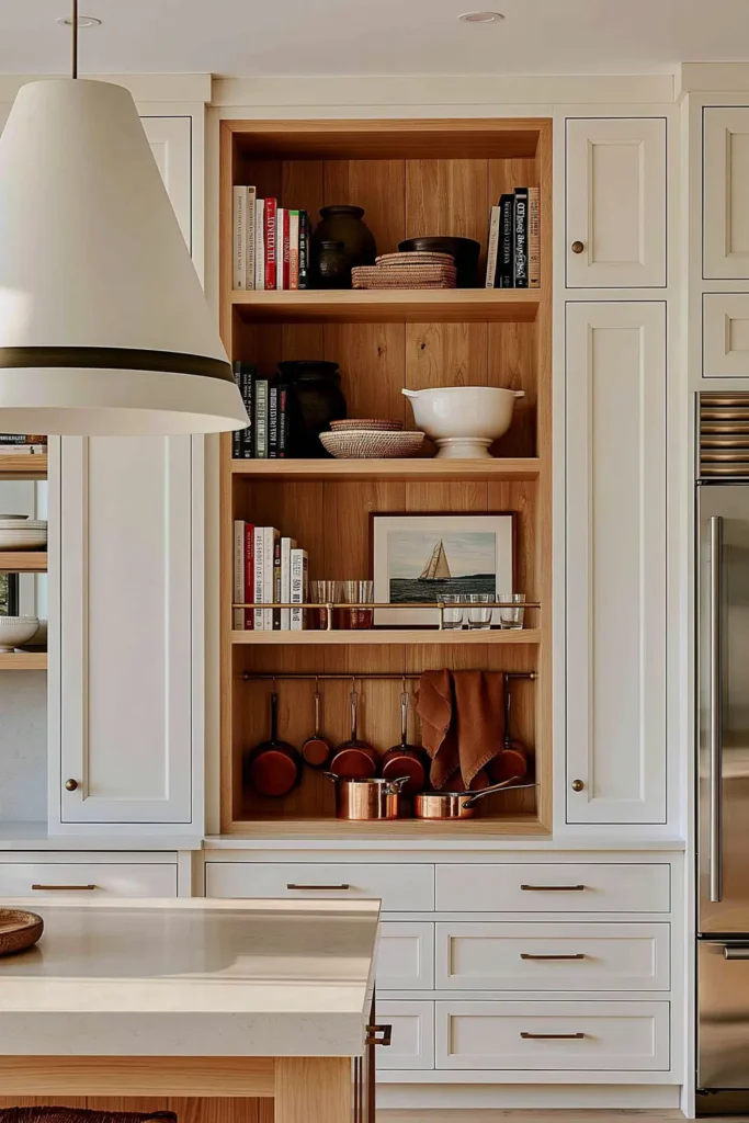 14 Open Kitchen Shelving Ideas for Practical, Stylish Storage 10 Pale rustic kitchen hutch with open wood-lined shelves, pottery, baskets, glassware, and hanging copper pans.