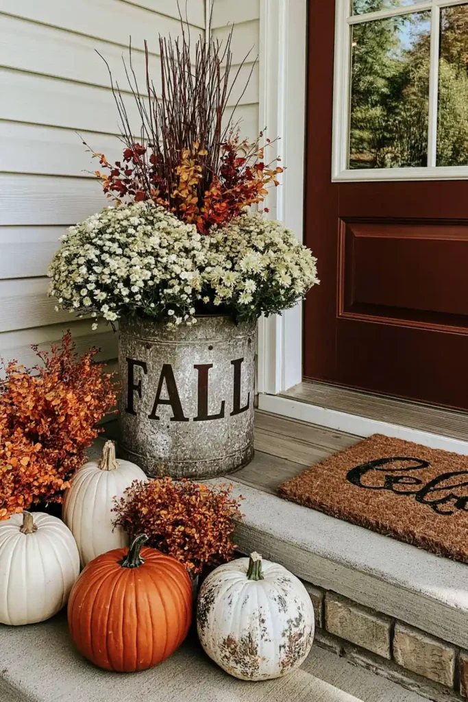 Rustic Fall Planters for the Front Porch That Bring Warm Autumn Charm 28 Rustic metal fall planter with pale flowers, fall stems, white pumpkins, orange pumpkin, and dried orange foliage.