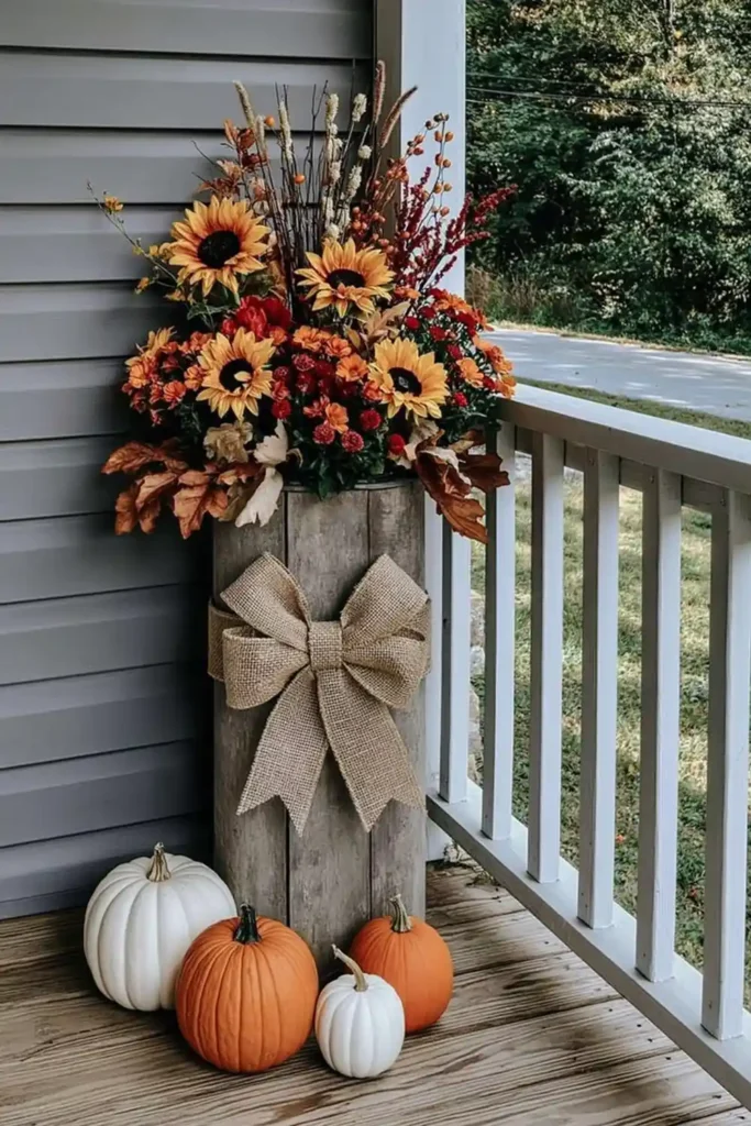 Rustic Fall Planters for the Front Porch That Bring Warm Autumn Charm 18 Rustic milk jug fall planter with orange sunflowers, dried leaves, burlap bow, and pumpkins on a front porch.