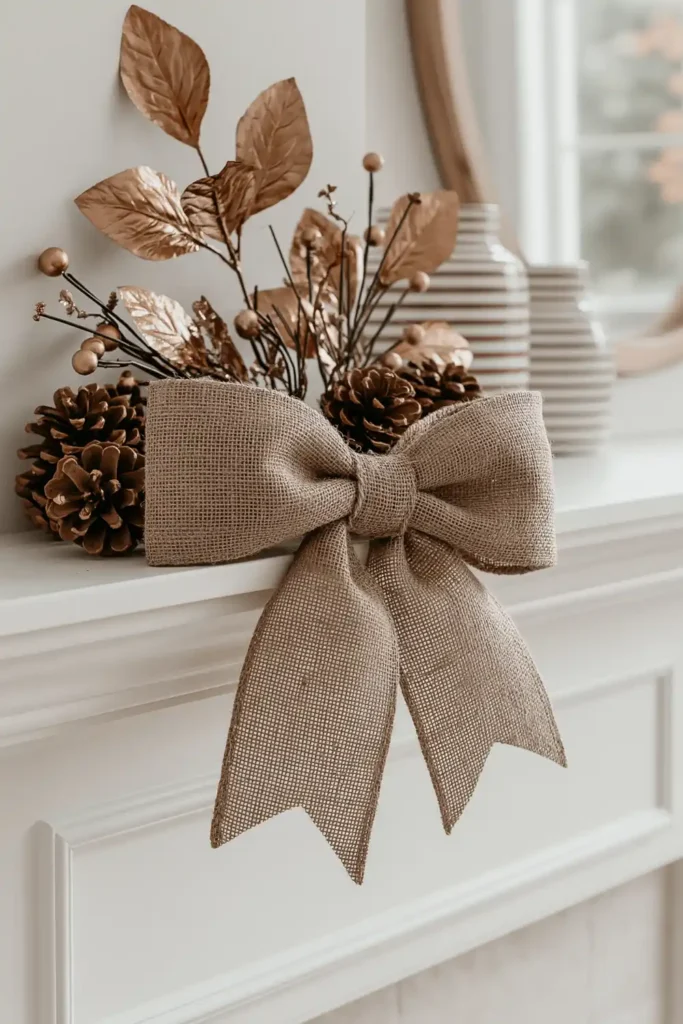 18 Neutral Fall Decor Ideas for a Warm and Cozy Home 12 Large tan burlap bow on a white mantel with metallic leaves, pinecones, dark stems, and gold accents.