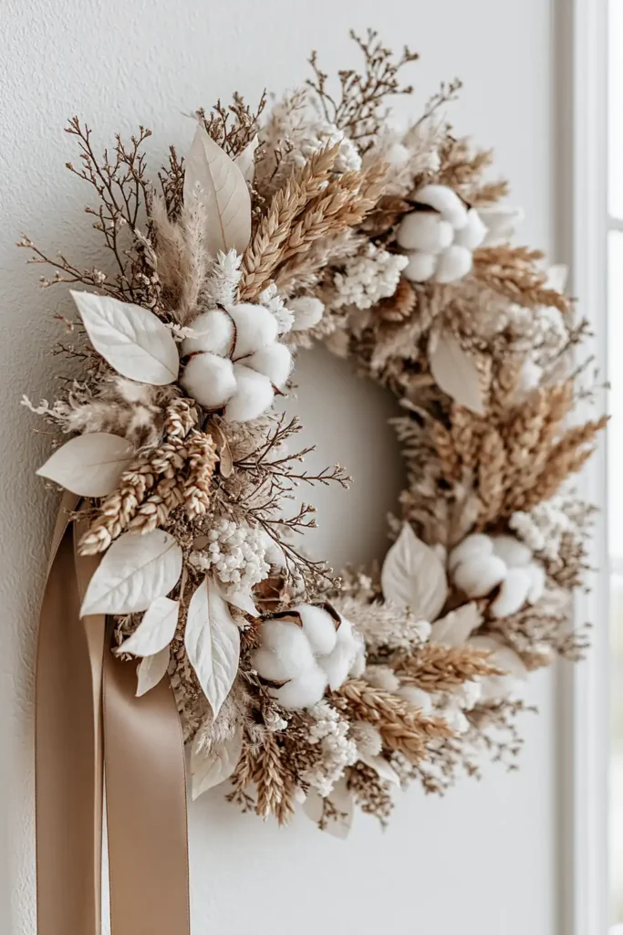 18 Neutral Fall Decor Ideas for a Warm and Cozy Home 5 Airy neutral fall wreath with white cotton bolls, beige grasses, cream leaves, wheat, and trailing tan ribbons.