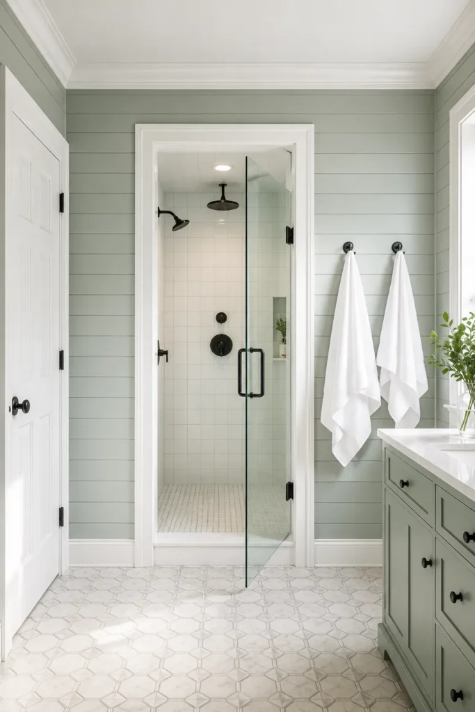 11 Spa-Inspired Bathroom Ideas on a Budget for a Calm, Restful Space 6 Calming seafoam-green bathroom with white trim, geometric floor tiles, hanging towels, and a glass shower door.