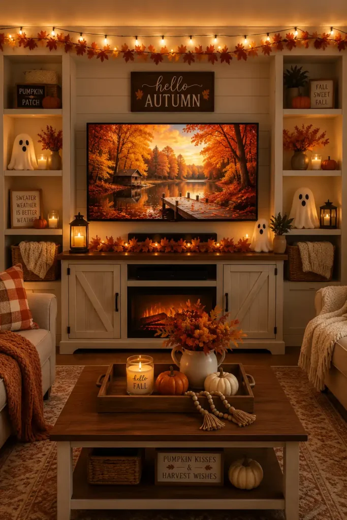 Seasonal fall wall display with warm string lights, autumn artwork, shelves, pumpkins, and cozy decor