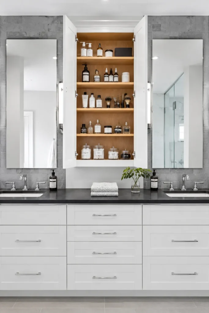 18 Small Bathroom Storage Ideas for a More Organized Space 7 Tall white vanity cabinet with open wood shelves storing bottles and grooming items between two bathroom mirrors.