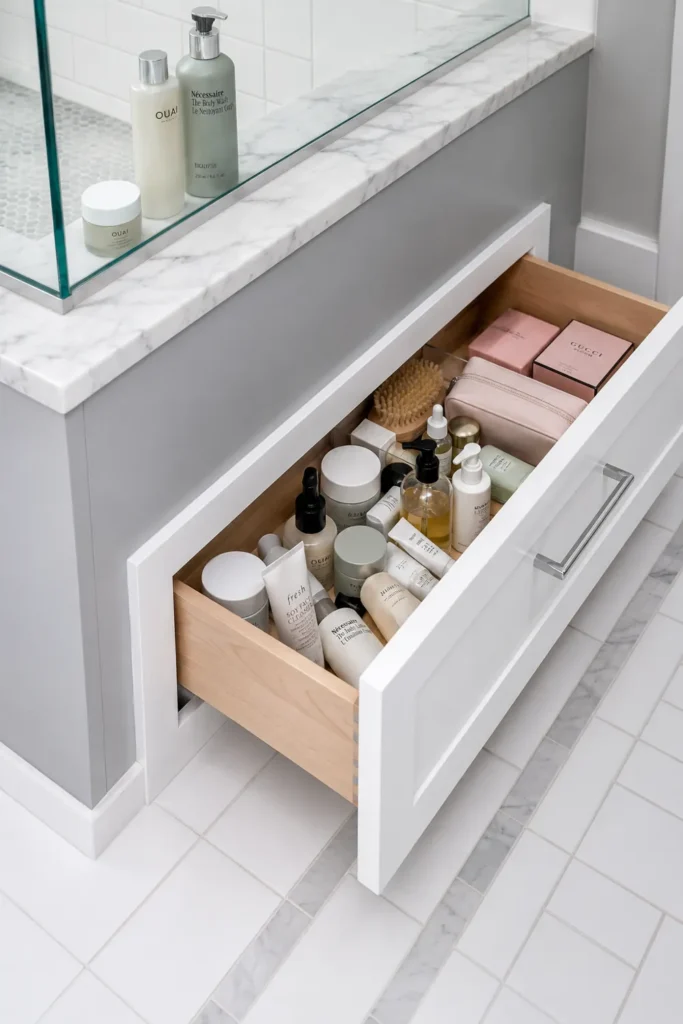 18 Small Bathroom Storage Ideas for a More Organized Space 9 Gray shower bench with a deep pullout drawer storing toiletries behind a clear glass shower panel.