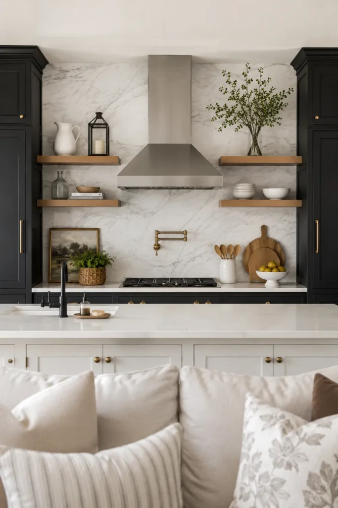 14 Open Kitchen Shelving Ideas for Practical, Stylish Storage 7 Side-by-side natural wood kitchen shelves flanking a range hood between dark cabinets and a marble backsplash.