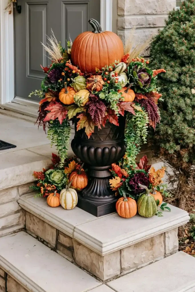 Rustic Fall Planters for the Front Porch That Bring Warm Autumn Charm 16 Simple fall planter with a black pedestal urn, orange pumpkin, small pumpkins, gourds, and fall foliage on stone steps.