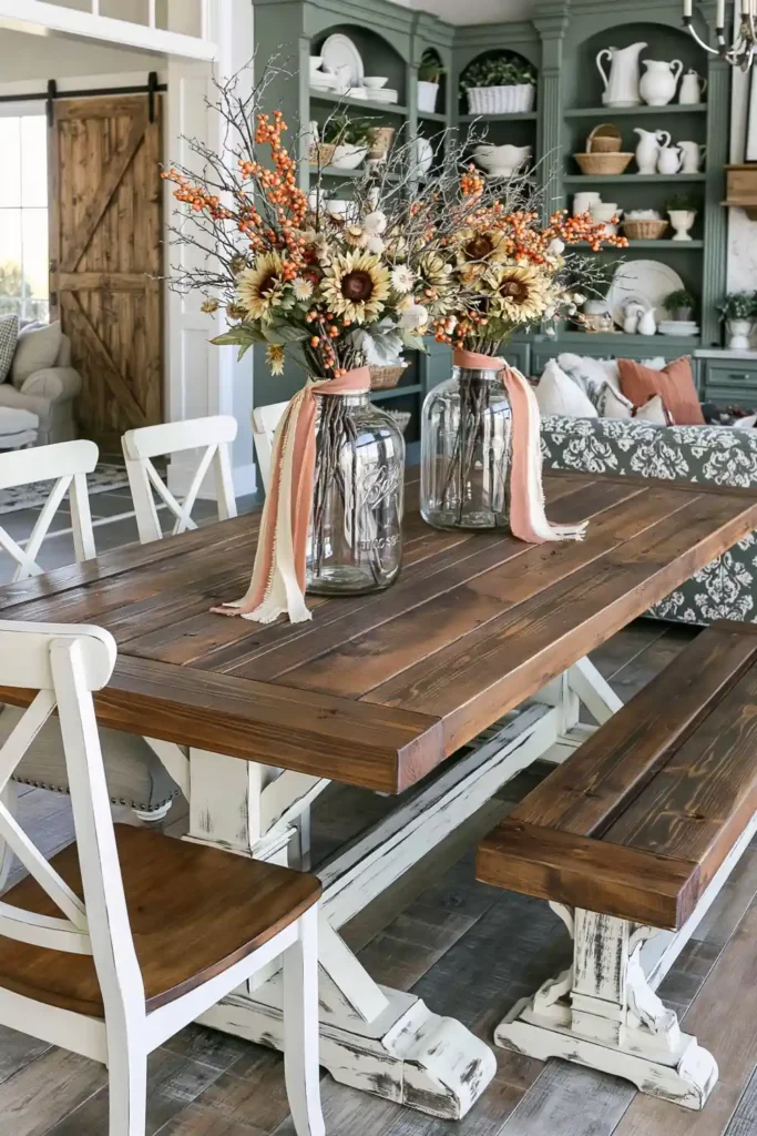 31 Fall Table Decor Ideas for Entertaining in a Warm, Seasonal Style 31 Simple farmhouse dining table with glass jars of fall branches, orange berries, pale flowers, and ribbon accents.