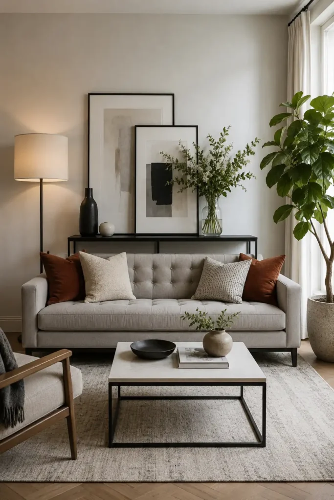 20 Comfortable Living Room Ideas for Small Spaces That Feel Warm and Open 13 Slim black console table behind a compact gray sofa with abstract art, a glass vase, soft lighting, and neutral decor.