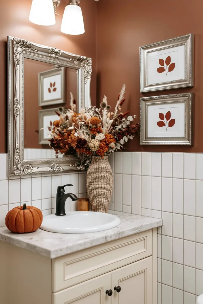 18 Cozy Fall Bathroom Decor Ideas for a Warm Seasonal Refresh 3 Small bathroom fall decor with framed rust-colored leaves, dried florals in a woven vase, and an orange pumpkin on a cream vanity.