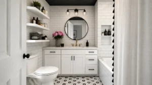 Narrow black-and-white bathroom with open wall shelves, a white vanity, tiled bathtub, and organized small bathroom storage.