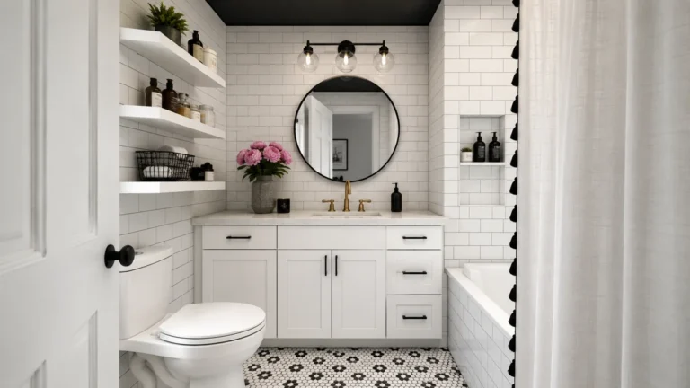 18 Small Bathroom Storage Ideas for a More Organized Space 13 Narrow black-and-white bathroom with open wall shelves, a white vanity, tiled bathtub, and organized small bathroom storage.