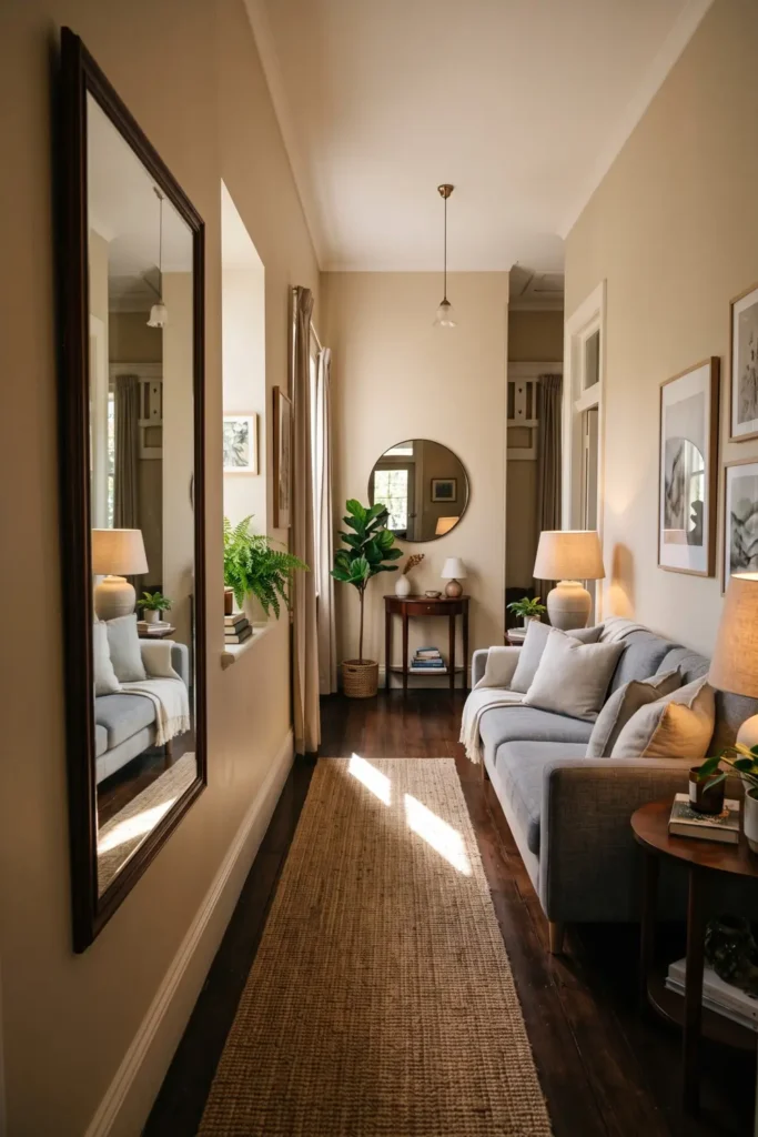 20 Comfortable Living Room Ideas for Small Spaces That Feel Warm and Open 2 Narrow small living room with a large wall mirror reflecting natural light, a gray sofa, warm lamps, and a neutral runner rug.
