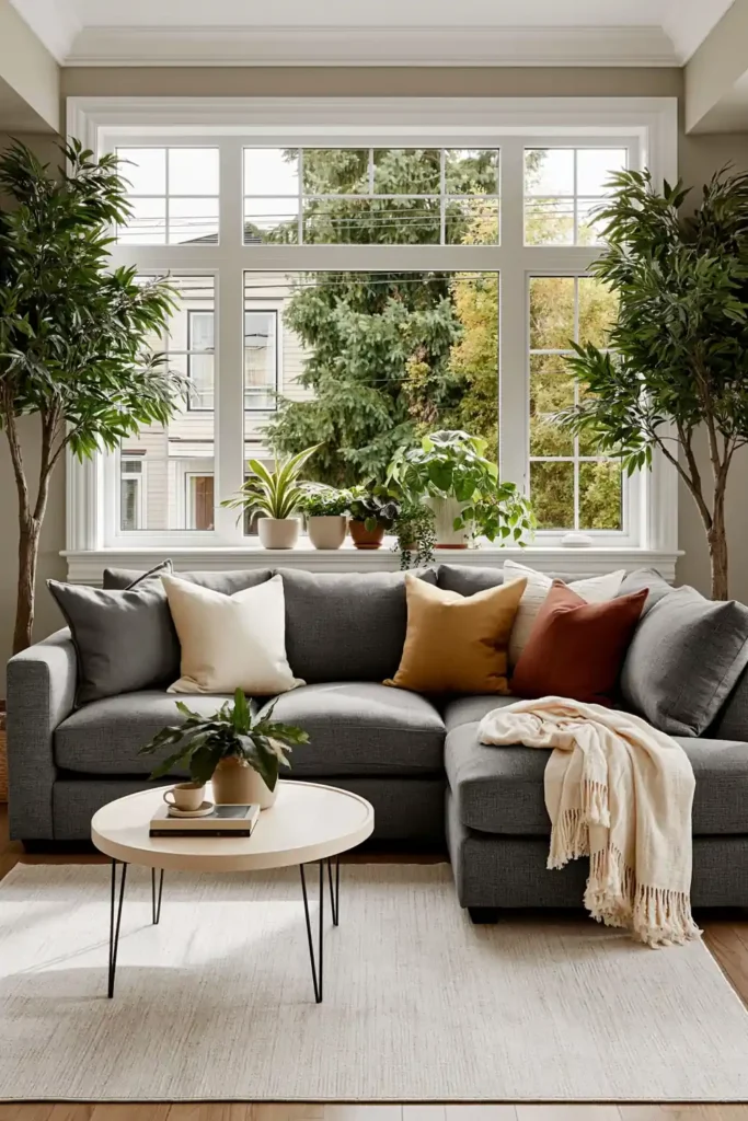 20 Comfortable Living Room Ideas for Small Spaces That Feel Warm and Open 15 Compact living room with a gray small-scale sectional, colorful pillows, indoor trees, and a round wood coffee table.