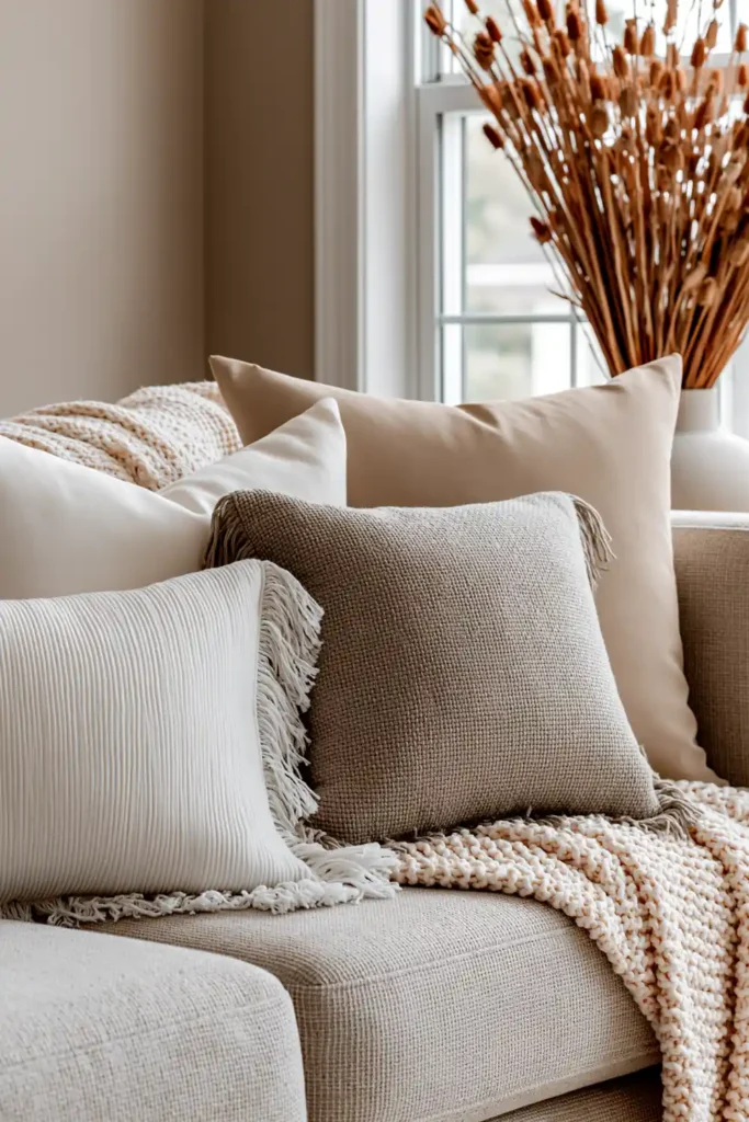 18 Neutral Fall Decor Ideas for a Warm and Cozy Home 10 Ivory, taupe, and gray cushions layered with a cream knitted throw on a textured neutral sofa.
