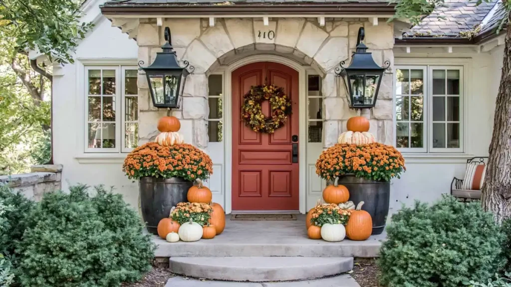 Welcoming fall front porch with a red door, wreath, lanterns, orange flowers, and stacked pumpkins.