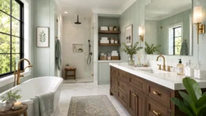 Bright spa-like bathroom with a freestanding tub, walnut vanity, plush towels, greenery, woven baskets, glass shower, and calming seafoam walls.