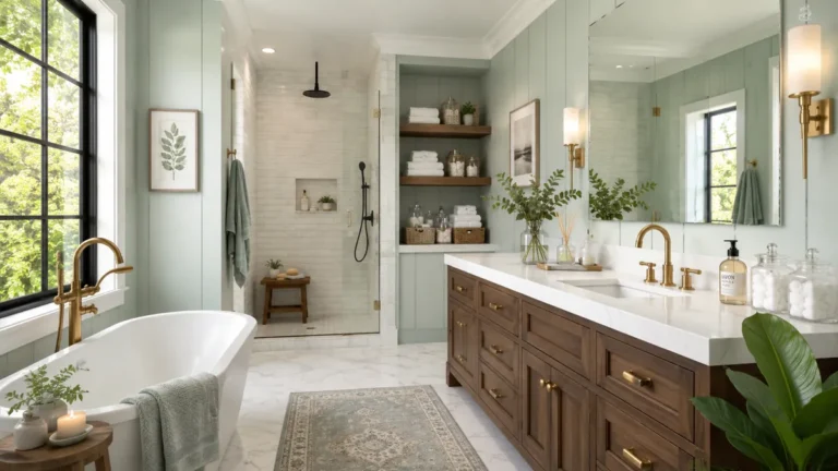 11 Spa-Inspired Bathroom Ideas on a Budget for a Calm, Restful Space 14 Bright spa-like bathroom with a freestanding tub, walnut vanity, plush towels, greenery, woven baskets, glass shower, and calming seafoam walls.