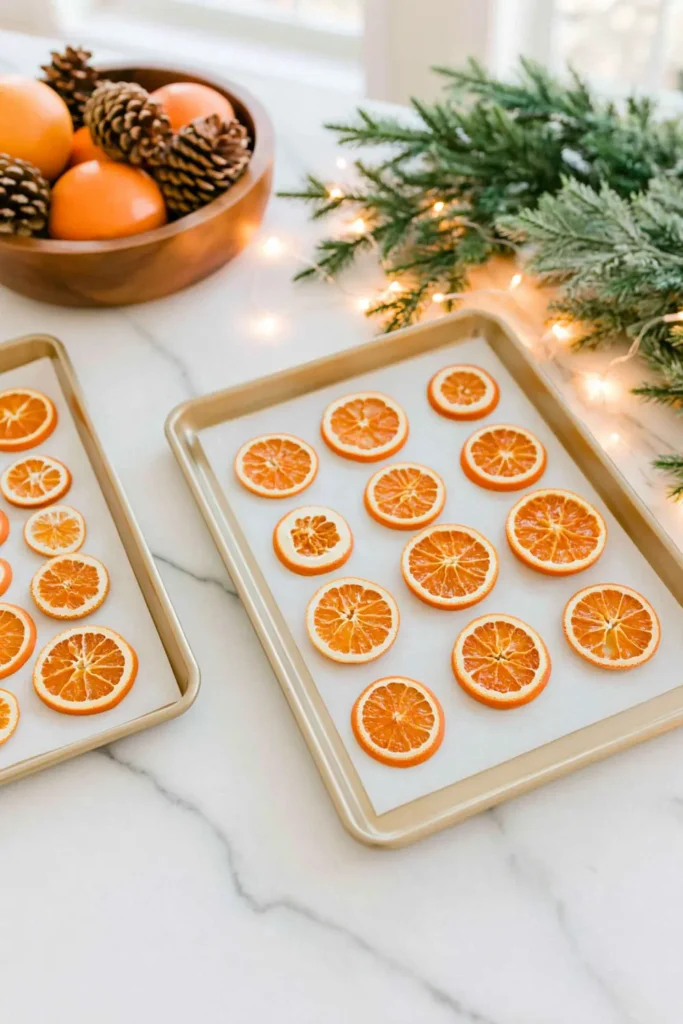 Fresh orange slices on baking sheets with evergreen branches, pinecones, and warm lights for a DIY dried orange garland.